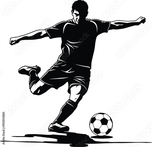 Dynamic black and white illustration of soccer player preparing powerful kick with raised leg, extended arms, strong posture, striking ball, energetic sports action, athletic movement captured