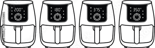 Digital Air Fryer Appliance Line Art Set Kitchen Cooking Equipment Vector Illustration with Temperature Display Isolated on White Backgroun