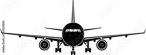 Commercial Airplane Front View Silhouette Vector Illustration Passenger Aircraft Landing Isolated on White Background Aviation Travel Concept