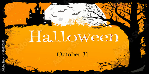 A spooky halloween scene with a castle moon and silhouetted trees