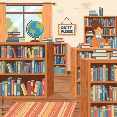 Cozy Library Reading Space with Shelves, Globe, and Quiet Sign.