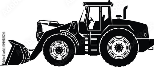 Front loader tractor silhouette vector illustration, black and white heavy construction vehicle with bucket, industrial machinery icon for engineering and building design