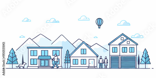 Stylized illustration of a neighborhood with houses mountains and a hot air balloon