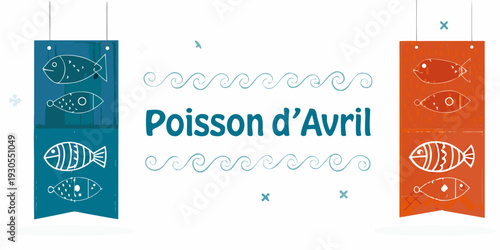 Festive april fools day banner with fish and swirling decorations