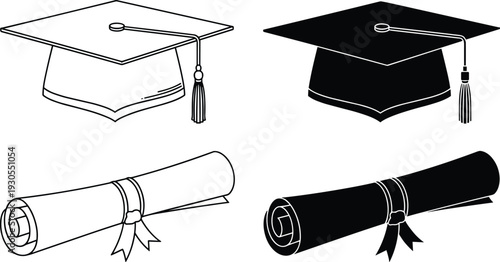Graduation cap and diploma silhouette set, black and white vector illustration of academic mortarboard and certificate for education, university and achievement design