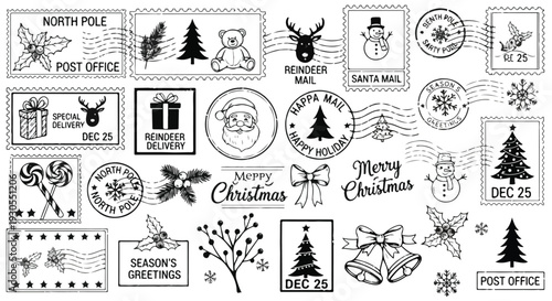 Set of 35 Black and White Christmas Postmark Stamps Vector