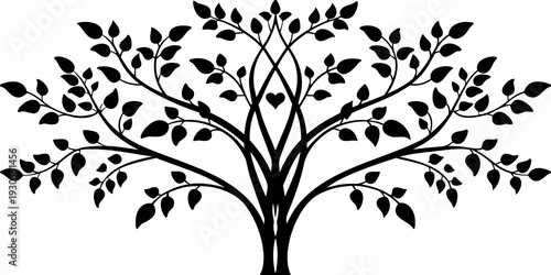 Stylized black silhouette of a tree with heart shaped leaves