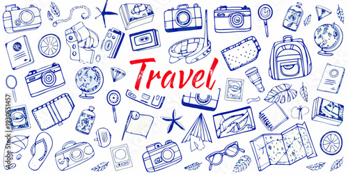 A hand drawn collection of travel themed objects and accessories