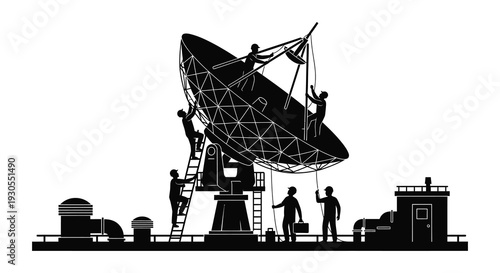 A striking black silhouette depicts a radio telescope with figures working on and around it showcasing scientific exploration high quality professional