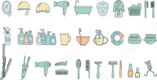 Bathroom and beauty hygiene collection with bathtub, hair dryer, toiletries, razor, comb, soap, and skincare products for daily routine vector illustration.