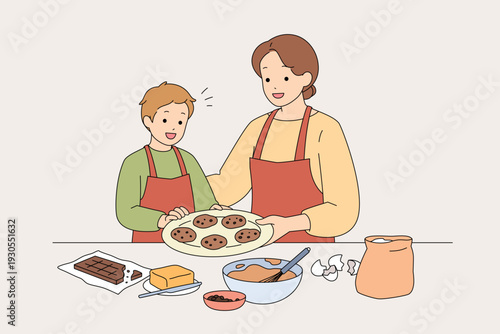 Delightful Scene Of Mother Guiding Her Child Through Baking Cookies Happily And Comfortably