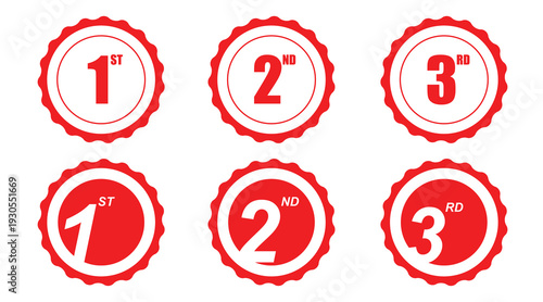 Red Award Badge Set 1st 2nd 3rd Place Ribbon Medal Vector Icons