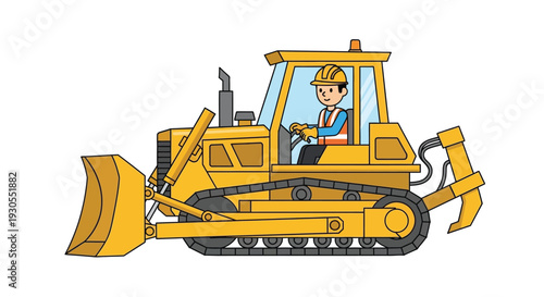 A cheerful cartoon illustration depicts a yellow bulldozer with an operator inside showcasing a distinct silhouette high quality professional detailed modern