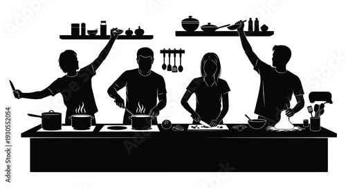 A black silhouette depicts people cooking and celebrating in a kitchen setting creating a joyful scene silhouette high quality professional detailed