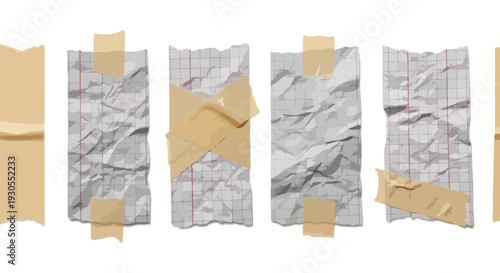 Set of 5 Crumpled Graph Paper Sheets with Beige Masking Tape on White Background