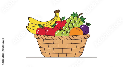 A colorful illustration depicts a wicker basket filled with various fruits including bananas apples and grapes silhouette high quality professional detailed