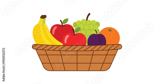 A colorful assortment of fresh fruits including bananas apples grapes plums and an orange in a woven basket silhouette high quality