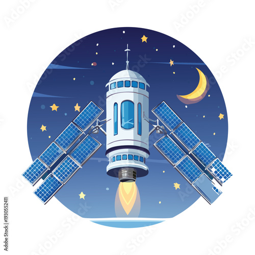 Cartoon rocket ship launching at night with stars and moon