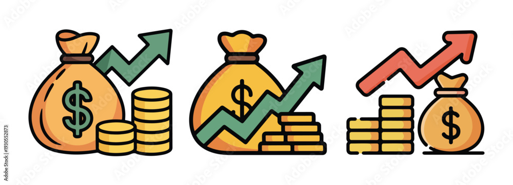 Fototapeta premium Earnings Growth Flat Icons, Financial Success Illustration Pack