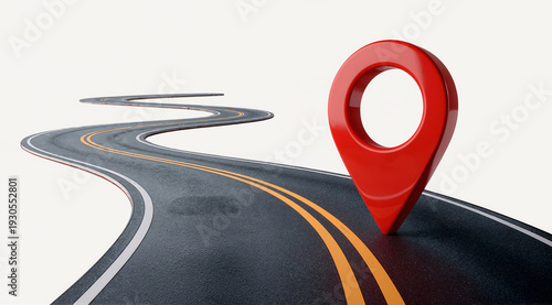 illustration of a car driving on a long winding highway road with traffic lines and travel perspective