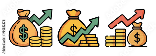Earnings Growth Flat Icons, Financial Success Illustration Pack