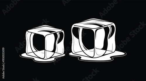 Melting Ice Cubes Black and White Vector Illustration Frozen Water Cubes with Puddle Isolated on Dark Background