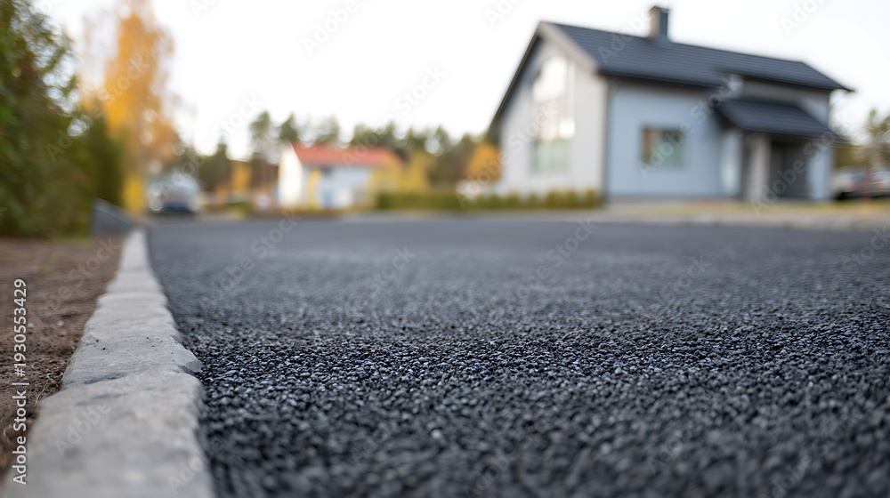 Fototapeta premium Close-up of new gravel driveway with curb edge, leading towards a modern residential house in a suburban neighborhood setting
