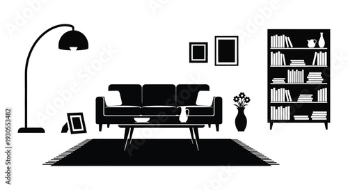 A minimalist living room scene featuring furniture and wall decor presented as a striking silhouette high quality professional detailed modern elegant