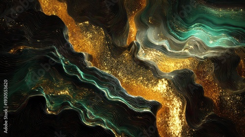 An abstract digital art piece featuring swirling waves of emerald green and shimmering gold particles against a dark backdrop.