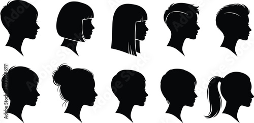 Women hairstyle silhouette collection, black and white vector set of female head profiles with different short, long and ponytail haircuts for beauty design
