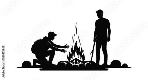 Two men tending a small campfire outdoors one kneeling and the other standing presented as a silhouette high quality professional detailed