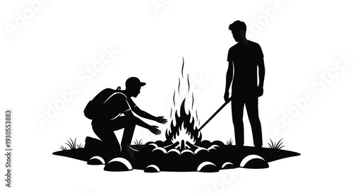 Two men tending a campfire outdoors one squatting and the other standing displayed as a striking silhouette high quality professional detailed