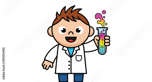 A cheerful cartoon boy in a lab coat holds a colorful test tube showcasing scientific exploration silhouette high quality professional detailed