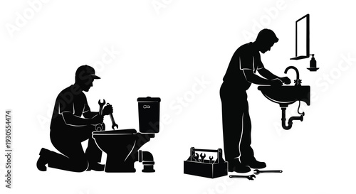 Two plumbers working on bathroom fixtures including a toilet and sink depicted in a striking silhouette high quality professional detailed modern