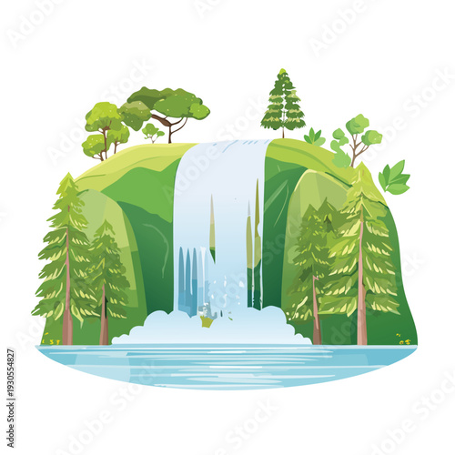 Cartoon waterfall illustration surrounded by green trees and hills