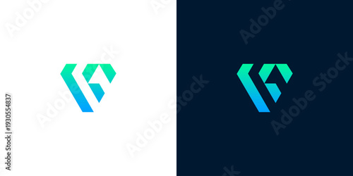 Modern abstract geometric logo design, featuring a dynamic stylized letter or arrow. Vibrant blue and green gradient for technology, digital, and innovative corporate branding