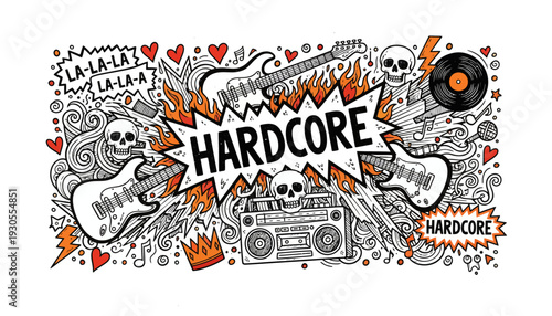 The illustration depicts a vibrant hardcore music scene with a boombox and guitar.