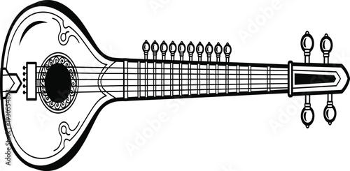 Black and white of a stringed musical instrument with intricate