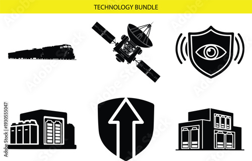 Black vector icons of technology and security symbols including satellite, shield with eye, server room, and data protection isolated on white background