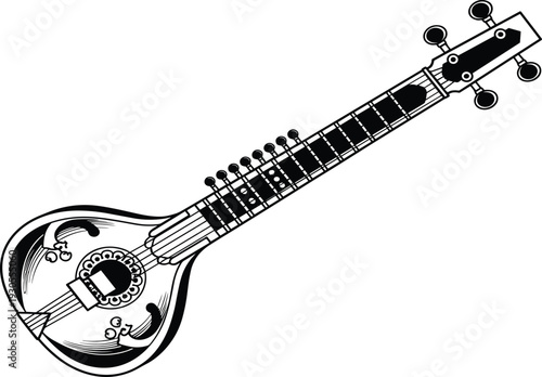 Black and white of a traditional stringed musical instrument