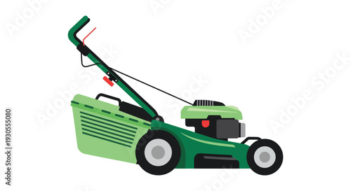 A vibrant green lawnmower illustration with a sleek modern design presented as a flat silhouette high quality professional detailed elegant stylish