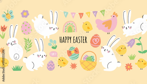 Easter celebration with happy bunnies, eggs, and flowers decorating the festive scene outdoors