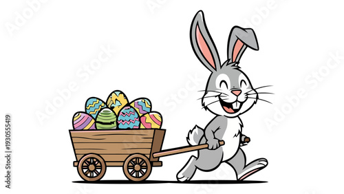 A cheerful Easter bunny pulls a colorful Easter egg-filled wooden cart on a sunny day