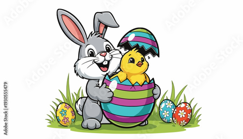 A cheerful Easter bunny and chick emerge from a colorful striped egg on grass