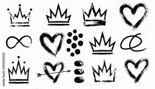 A set of black illustrations featuring crowns and hearts with various symbols on a white background resembling FGFGF.