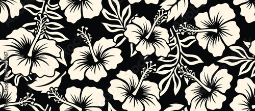 Vibrant FGFGF floral pattern illustration features large hibiscus flowers and leaves on black background