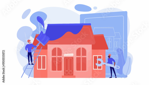 Workers painting house exterior with vibrant colors in urban setting