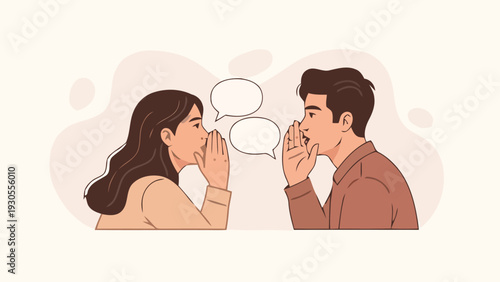 A man and woman are whispering to each other in a secretive conversation.