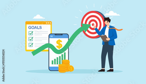 Businessman aims for financial goals with chart and target in office