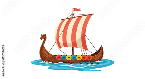 A colorful depiction of a viking longship sailing on blue water featuring a dramatic silhouette high quality professional detailed modern elegant